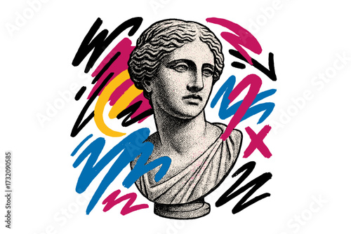 Retro 90s pop art collage with antique greek statue and graffiti background. Classic roman goddess sculpture bust with 80s zine culture abstract spray paint shapes.