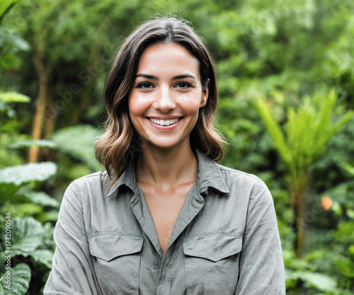 smiling woman in casual shirt standing confidently amid lush green tropical foliage outdoors conveying joy adventure and connection with nature in vibrant jungle setting.