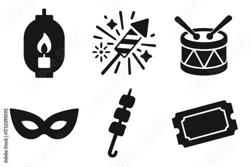 Festival icon set with solid glyphs. Celebration symbols including lantern, firework, drum, mask, skewer, and ticket. Vector elements for party, carnival, fair, or holiday.