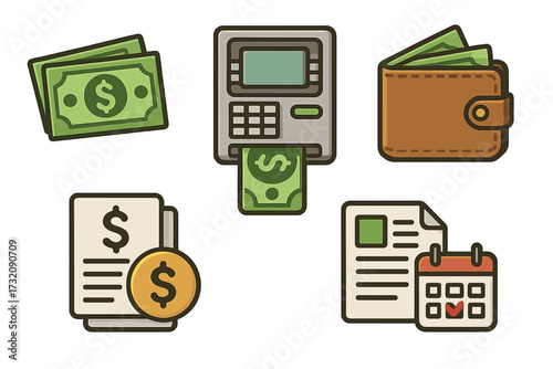 Finance and banking icon set with money, ATM, and wallet. Vector cartoon symbols for concepts like loan, tax, budget, bill, invoice, and payment due date calendar.