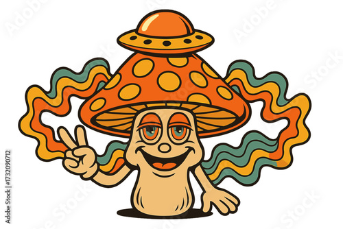 Retro groovy trippy mushroom character. Hippie psychedelic toadstool with UFO cap and funny face. Funky hippy fly agaric mascot showing peace sign. Vintage nostalgic vector art.