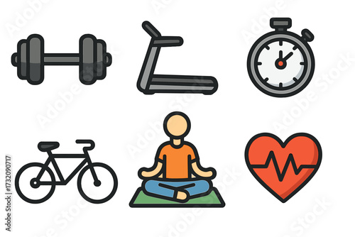 Fitness and sport icons set. Healthy lifestyle graphic elements. Gym workout, running on treadmill, cycling, yoga meditation, weight training, heart rate. Vector cartoon symbol.