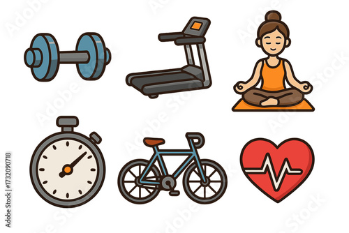 Fitness icon set with dumbbell for gym, treadmill, yoga, stopwatch, bicycle, and heart rate. Vector cartoon sport and workout symbols for health, cardio, and wellness.