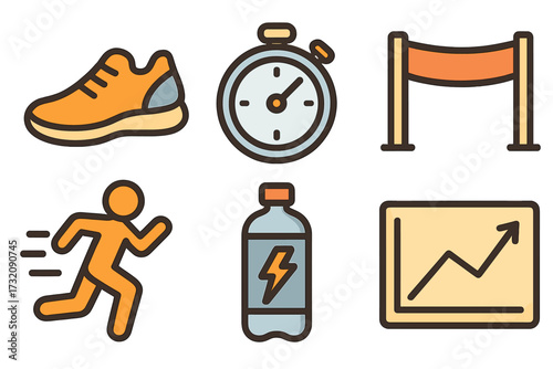 Running sport icon set. Vector cartoon collection with runner, shoe, stopwatch, finish line, energy drink, chart. Fitness, marathon, workout, competition, achievement concept.