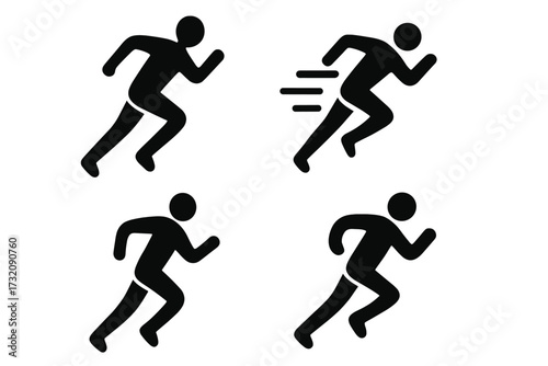 Set of running man icons. Runner silhouette collection for sport and fitness themes. Vector illustration of a sprinter in motion. Fast jogging and marathon athlete symbols.