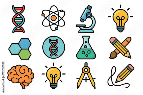 Science and creativity icon set. Vector collection of symbols for education, innovation, and research. Includes DNA, atom, brain, lightbulb, and art tools for design ideas.