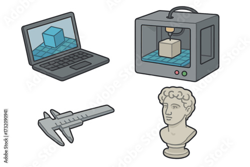 Isometric 3D printing process illustration set. Vector elements of printer, laptop for modeling, caliper, and a sculpture. Additive manufacturing, rapid prototyping concept.