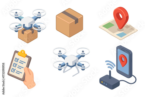 Isometric drone delivery icon set for logistics and shipping service. Quadcopter with parcel box, map location pin, checklist and smartphone app for tracking. Vector cartoon.