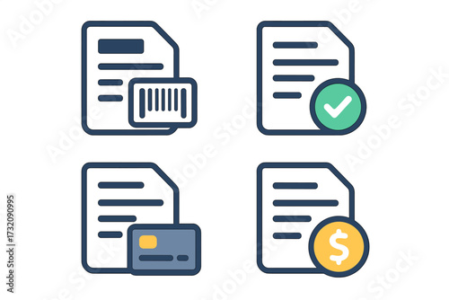 Invoice management icon set. Finance, billing, payment concepts. Vector symbols for accounting documents, credit card transaction, barcode scan, and approved payment checkmark.