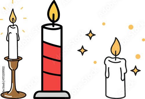 Colorful candles with flames and decorative sparkles on white background  