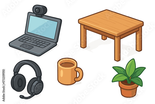 Isometric office essentials icon set for remote work. Vector illustration of laptop, webcam, desk, headphones, mug, and plant. Cartoon home office workplace elements.