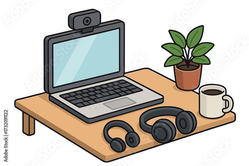 Isometric home office desk. Remote work essentials concept. Vector workspace with laptop, webcam for video conference, headphones, coffee, plant. Online business freelance setup.