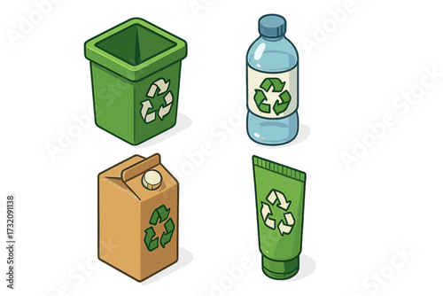 Isometric recycling icons set for sustainable packaging design. Vector cartoon illustration of waste separation with bottle, carton, and bin for environmental conservation concept.