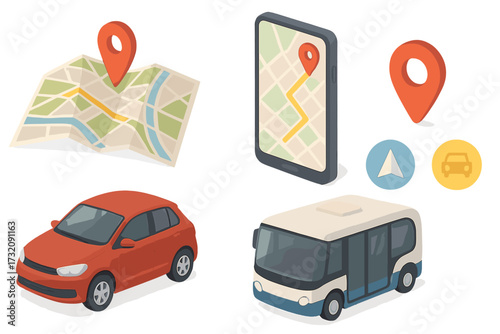 Isometric transport and navigation icon set. GPS map route on smartphone screen. Location pin, car, bus for travel or mobility app. Vector cartoon illustration collection.
