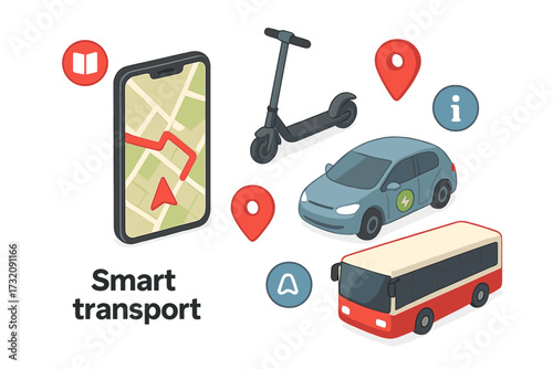 Isometric smart transport icon set. Vector illustration of urban mobility concept with navigation app, GPS map, electric car, scooter, bus, and location pin symbols.