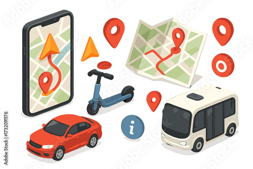 Isometric transport set for navigation and location. Vector icons of car, bus, scooter, and map on phone screen. GPS route and destination pin for travel or city mobility.