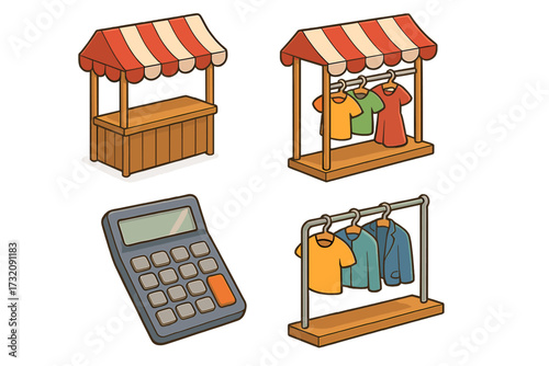 Isometric shopping icon set for retail and sales. Vector cartoon illustration of a market stall, clothing rack, and calculator. Concept for local market, fashion store, or commerce.