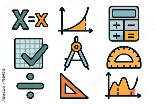 Mathematics icon set with symbols for algebra, geometry, and calculus. Vector collection of education and science elements like graphs, charts, calculator, and compass.