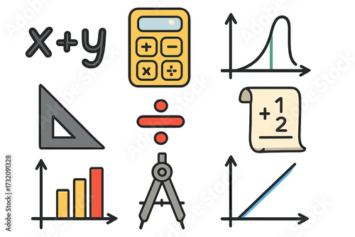 Mathematics icon set for education. Vector cartoon symbols for algebra, geometry, and statistics. Includes calculator, graphs, charts, and equations for learning analysis.