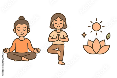 Mindfulness icon set with man meditating in lotus pose and woman in tree pose. Yoga and wellness vector symbols like lotus flower and sun for spiritual health and balance.