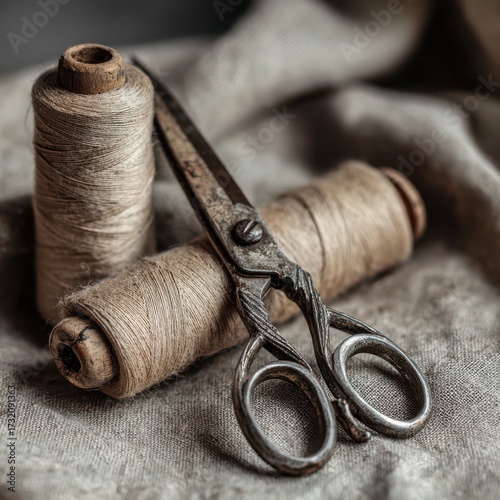 Vintage scissors and beige thread on soft linen create a timeless crafting scene