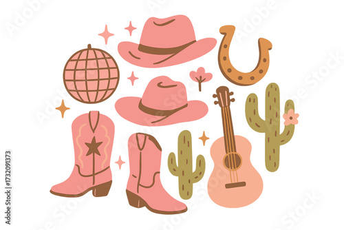 Groovy cowgirl boho western vector set. Retro pink fashion elements with cowboy hat, boots, disco ball, guitar, cactus and horseshoe. Wild west party aesthetic concept.