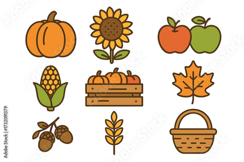 Fall harvest icon collection. Minimal cartoon vector set with pumpkin, sunflower, apple, corn, wheat, acorn, maple leaf, basket. Autumn seasonal food for Thanksgiving.