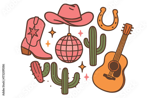 Retro cowgirl disco set. Pink western fashion elements. Cowboy hat, boots, disco ball, guitar, horseshoe, cactus. Country music party vector icon collection for groovy design.