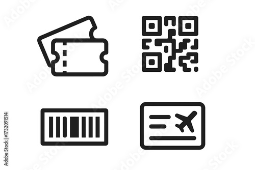 Ticket icon set. Minimalist vector line art of QR code, barcode, and boarding pass for travel, flight, airport, or event. Simple symbols for mobile pass, entry and scanning.