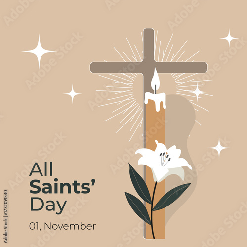 Flat vector illustration of All Saints’ Day with Christian cross, burning candle, white lily flower, glowing stars, and holy light. Religious holiday design for faith and remembrance themes.