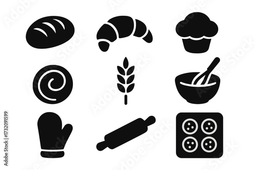 Bakery and baking silhouette icon set. Vector glyphs of bread, croissant, muffin, pastry, and wheat. Kitchen tools and equipment for cooking. Rolling pin, oven mitt, whisk.