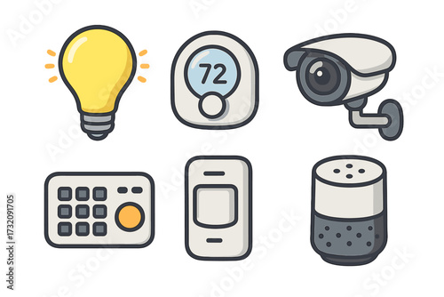 Smart home icon set for home automation. Vector icons of light bulb, thermostat, security camera, keypad, sensor, speaker. Internet of things (IoT) technology concept.