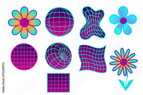 Y2K retro futuristic shapes set. Psychedelic flowers, distorted wireframe grids, and 3D spheres. Vaporwave cyberpunk elements in neon colors for 90s rave poster design.