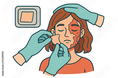 Artificial skin transplant. Doctor hands applying skin graft to woman's face for burn, scar treatment. Dermatology, cosmetology, plastic surgery concept vector illustration.
