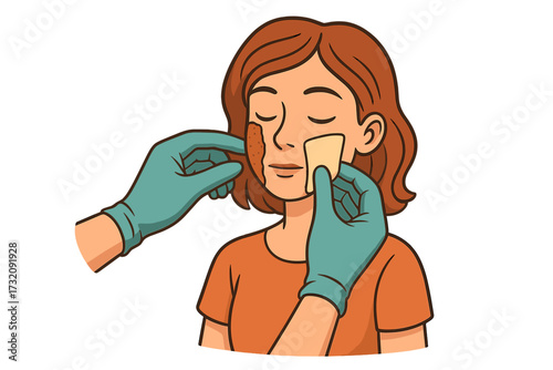 Artificial skin transplant procedure. Doctor hands restore woman face with damaged skin, burn or scar. Dermatology, cosmetic surgery concept. Vector cartoon medical illustration.