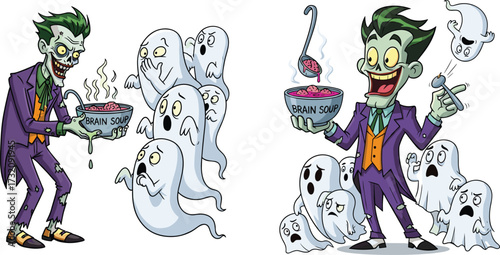 Cartoon zombie brain soup illustration, spooky ghost reaction artwork, funny horror character design, Halloween creepy food concept, humorous undead serving scene