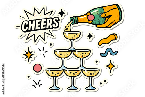 New Year 2026 party celebration. Hand pouring champagne into glass pyramid. Cheers! Retro 90s comic halftone style illustration. New Year's Eve alcohol drink sticker set.