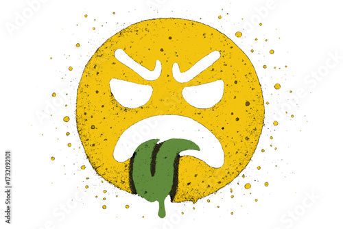 Sick yellow emoticon with green tongue vomiting. Nauseous, disgusted, angry face. Urban graffiti spray paint style vector. Street art concept with splashes and texture.