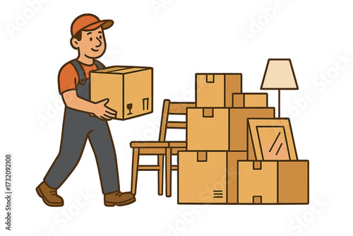 Vector illustration of a loader man carrying a box. Mover character with stacked cardboard boxes and furniture. Concept for home moving, relocation, and delivery service.