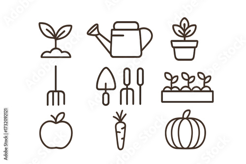 Minimalist garden and harvest icons in linear style, vector set with plant seedlings, watering can, gardening tools, carrot, apple, pumpkin, potted plant, and vegetable garden layout illustration