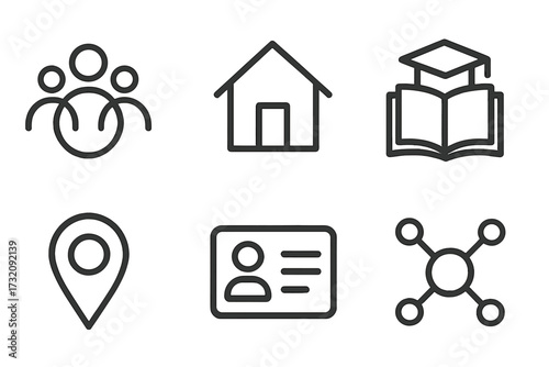 Minimalist icon set of teamwork, home, education, navigation, identity card, and network connection. Vector outline symbols for business, community, location, learning, and social media concepts.