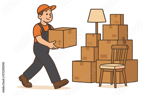 Mover man character carrying a cardboard box. Home moving and relocation service concept. Professional loader with stacked boxes and furniture. Vector delivery service illustration.