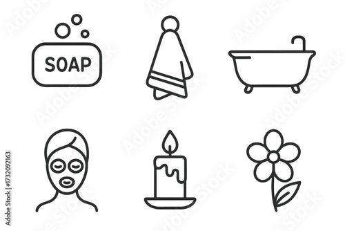 Minimalist line art bathroom and spa icons set with soap bar, towel, bathtub, facial mask, candle, flower, clean hygiene and relaxation concept vector illustration