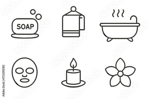 Minimalist line art bathroom and spa icons set with soap, towel, bathtub, facial mask, candle, and flower. Clean, modern vector illustration for wellness, hygiene, and self-care designs