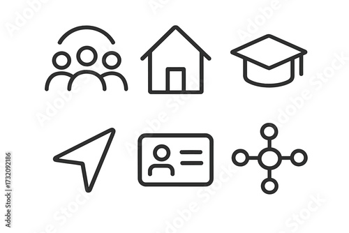 Minimalist vector icons set of teamwork, home, education, navigation, identity card, and network connection symbols, simple line art design, modern business and technology concepts