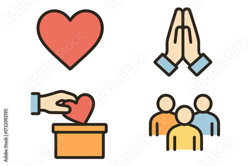Volunteer and charity icons set. Vector cartoon illustration. Concepts of donation, community, gratitude, support, hope, and love. Heart, donor box, praying hands, people group.