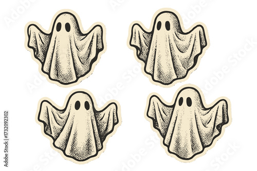 Set of white sheet ghost stickers. Spooky cute phantom character for Halloween. Vintage halftone mixed media collage illustration in 90s zine paper piece style. Vector cartoon.