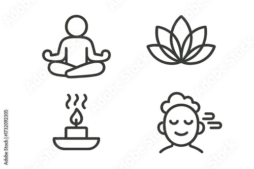 Minimalist meditation icons set for yoga and relaxation themes, vector cartoon illustration with transparent background, lotus flower, meditating person, candle and calm face symbols