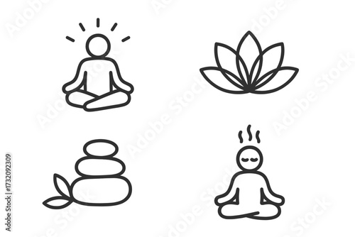 Minimalist meditation icons set for yoga, relaxation, wellness, spa, mindfulness, zen, calm, stress relief, lotus flower, stacked stones, peaceful sitting figures, vector cartoon illustration