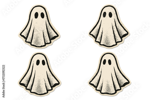 Cute sheet ghost for Halloween. Spooky phantom character set. Vintage 90s zine style. Halftone mixed media collage paper sticker. Dotted retro vector cartoon illustration.